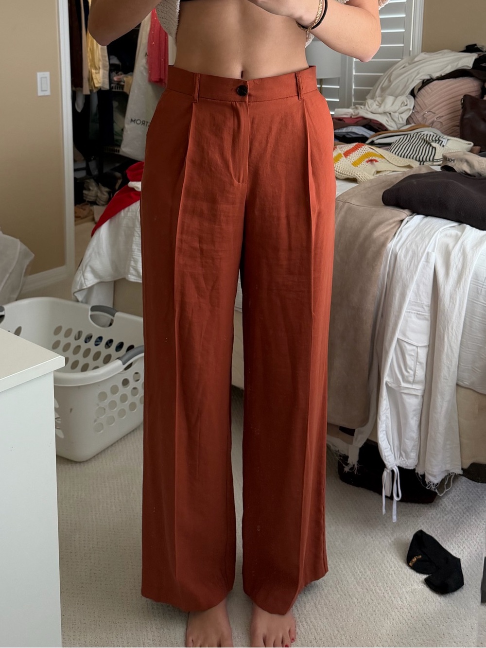 Zara Wide-Leg High-Waist Pants in Rust Orange (Long)